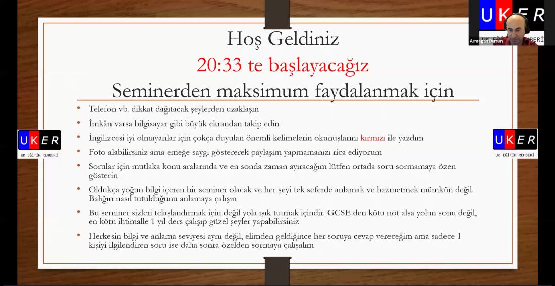 UKER online seminerinden bir kare: Hoş Geldiniz slaytı ve sunumu yapan Armağan Dursun